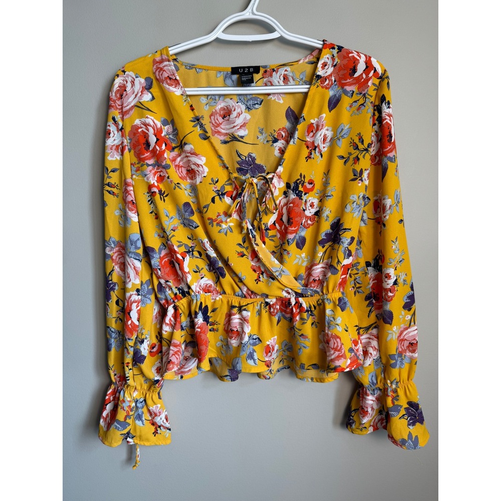 U2B Floral Surplice Peplum Blouse Mustard Medium Boho Cottagecore Long Sleeve